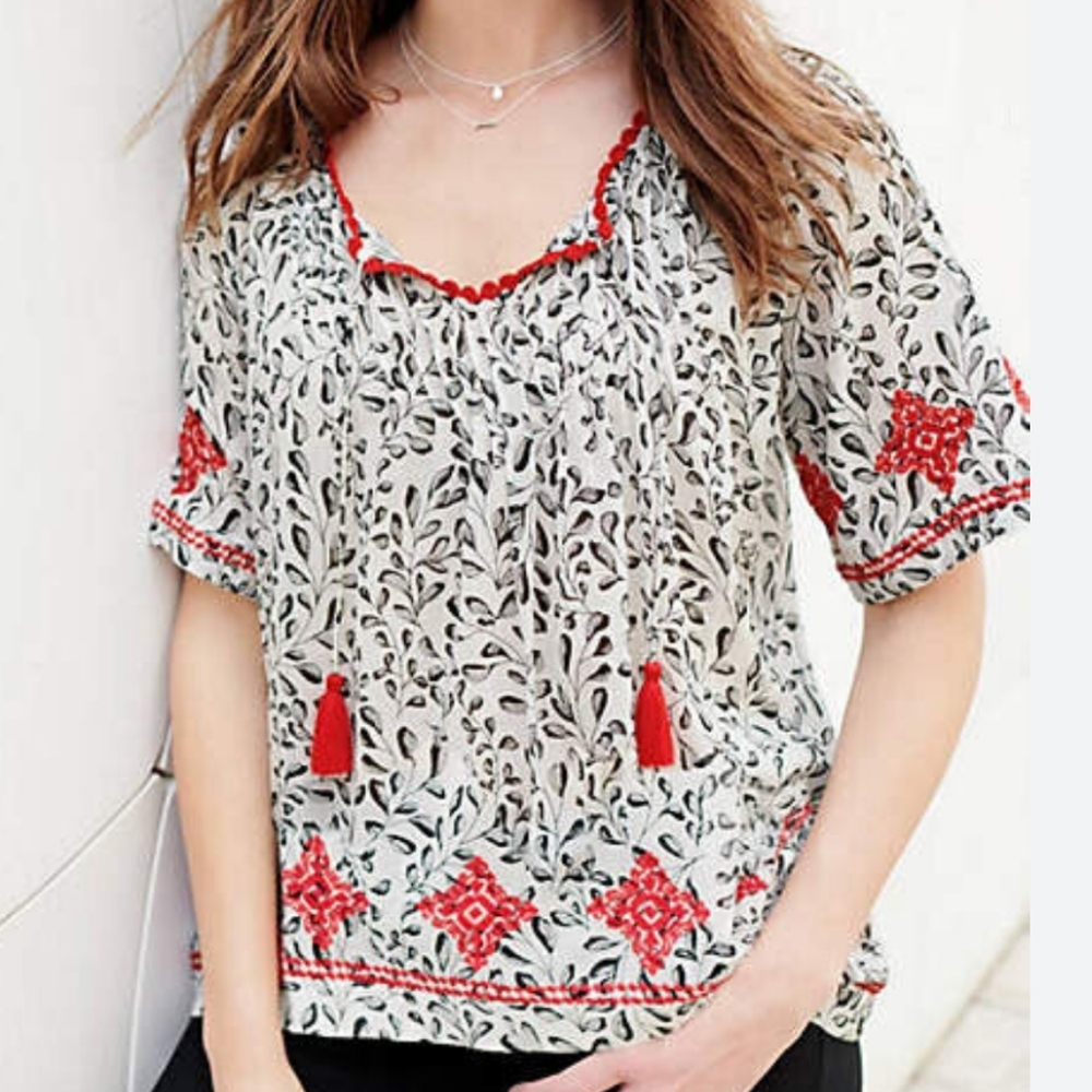 NWOT J Jill cream red black embroidered floral blouse top Womens Medium - Picture 5 of 12